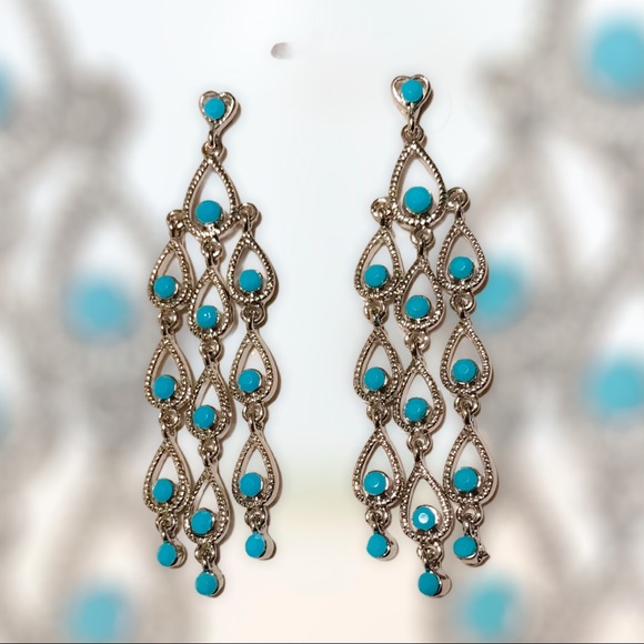 Silvertone Turquoise Long Dangle Earrings - Picture 4 of 6